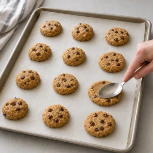 Flattening scoops of almond butter chocolate chip cookie dough on parchment