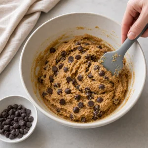Folding sugar-free chocolate chips into thick almond butter cookie dough