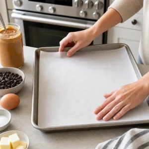 Lining a baking sheet with parchment for almond butter keto cookies