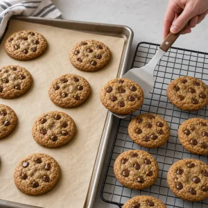 Transferring baked almond butter chocolate chip cookies to a wire cooling rack