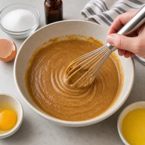 Whisking almond butter, sweetener, egg, vanilla, and melted butter until smooth