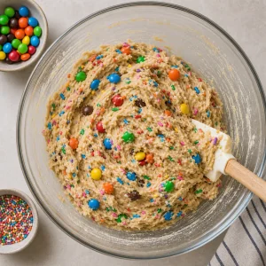 Cookie dough folded with chocolate candies and rainbow sprinkles
