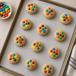 Dough balls topped with extra chocolate candies before baking