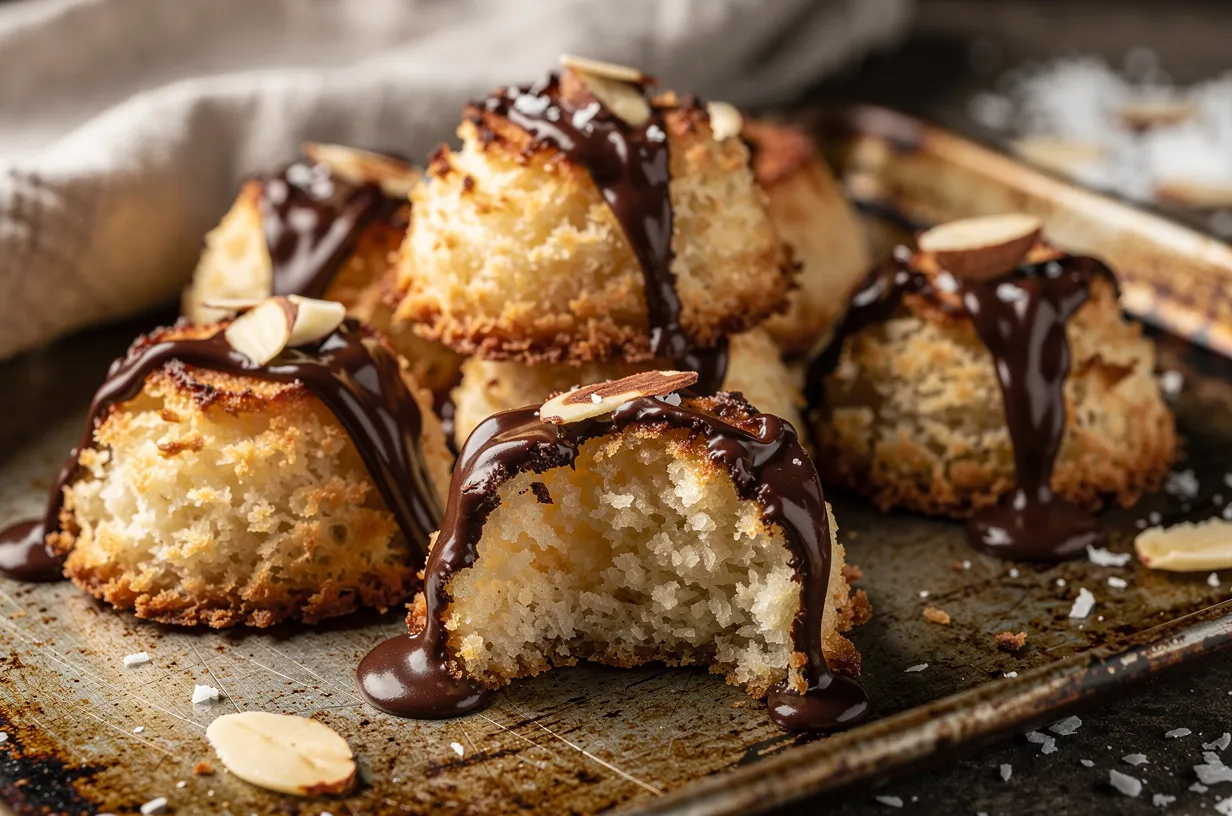 Chewy Coconut Macaroons with Toasted Almond Drizzle