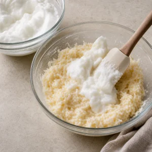 Claras espumosas incorporadas a la mezcla de macarrones de coco