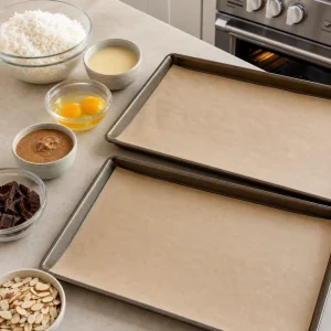 Bandejas con papel de horno y ingredientes de macarrones al lado