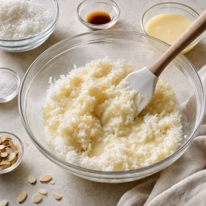 Coco rallado mezclado con leche condensada en un bol de vidrio