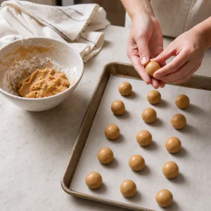 Step 2: nut butter and powdered sugar filling rolled into small balls on parchment.