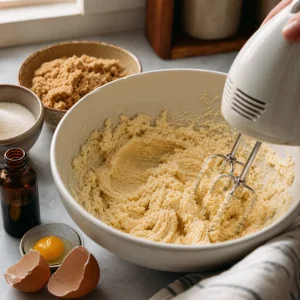 Step 3: softened butter and sugars creamed with egg and vanilla for cookie dough.