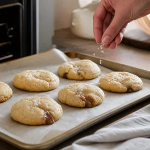 Step 6: pale golden cookies sprinkled with flaky sea salt just after baking.