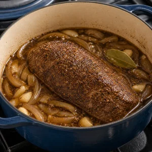 Browned beef roast in jus with onions and bay leaf