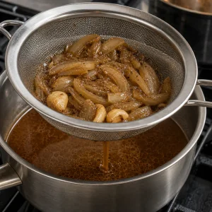 Cooking liquid strained into a saucepan for jus