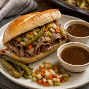 Finished Italian beef sandwich served with jus for dipping