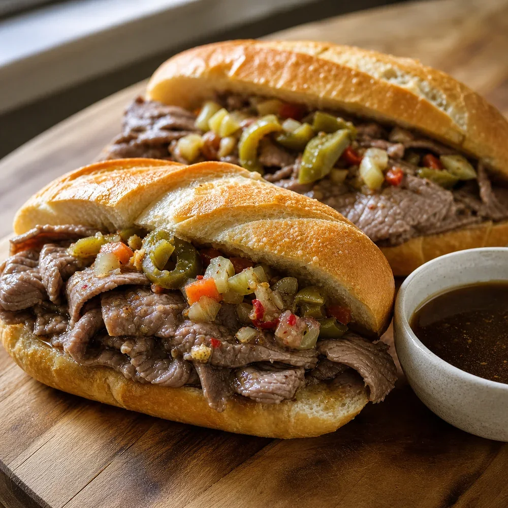 Italian beef sandwich with peppers, giardiniera, and jus