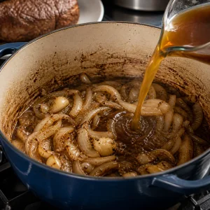 Onions and garlic cooking with stock for jus