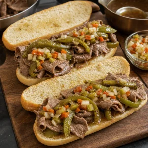 Open rolls filled with beef, peppers, and giardiniera