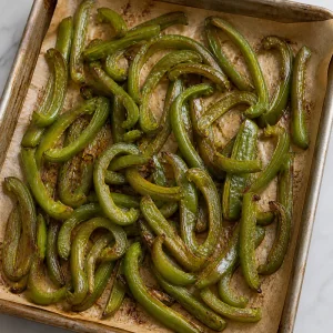 Roasted green pepper strips on a sheet pan