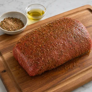 Seasoned beef roast coated with oil and spice rub