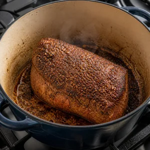 Seasoned beef roast searing in a Dutch oven