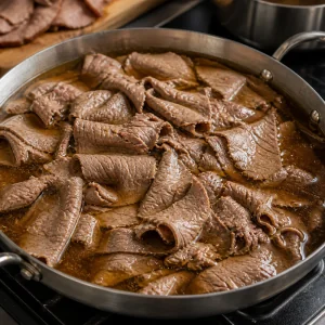 Thin slices of beef warming in hot jus