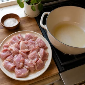 기름을 달구는 더치오븐 옆에 잘라 소금간한 닭다리살 조각