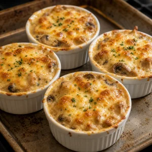 Ramekins of julienne baked with bubbling golden cheese