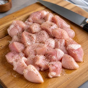 Small raw chicken pieces seasoned with salt and pepper