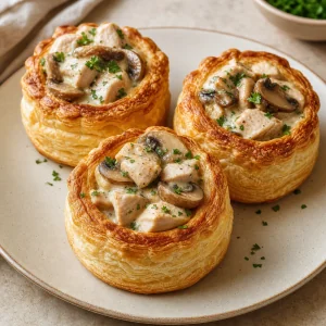 Chicken and mushroom vol-au-vent in golden puff pastry shells