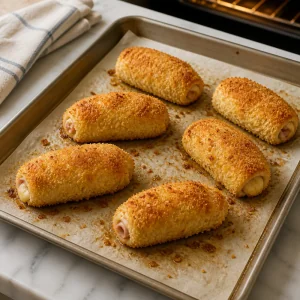 Złociste pieczone roladki cordon bleu z kurczaka na papierze do pieczenia