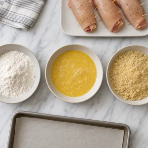 Trzy miski z mąką, jajkiem z musztardą Dijon i panko