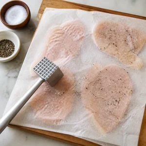 Chicken cutlets flattened between parchment and seasoned
