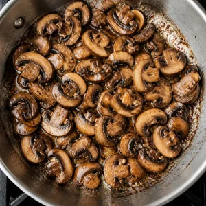 Sliced mushrooms browning in a skillet