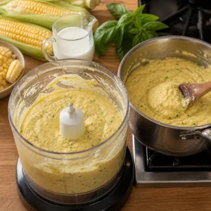 Basil-flecked corn puree in a processor and saucepan