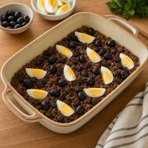 Beef filling topped with egg quarters, black olives, and raisins