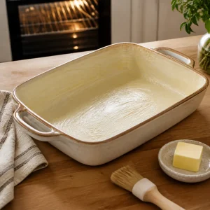 Buttered baking dish ready for pastel de choclo