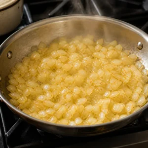 Chopped onions softening in butter in a skillet