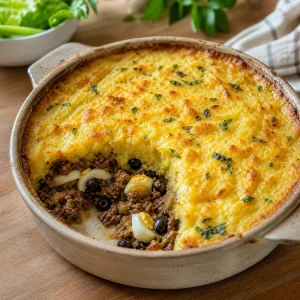 Finished pastel de choclo with golden corn topping and beef filling