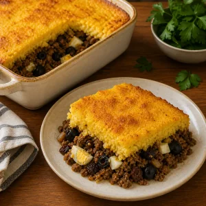 Served pastel de choclo showing corn topping and beef filling