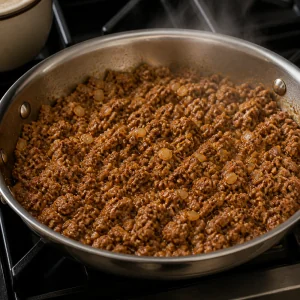 Spiced ground beef filling browned in a skillet