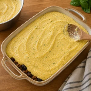 Thick corn topping spread over the beef filling