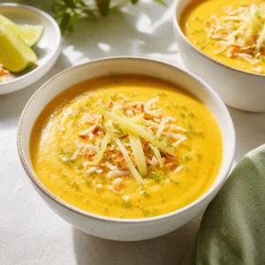 Gekühlte Mango-Kokos-Suppe mit Kokosraspeln, Limettenzeste und Ingwer