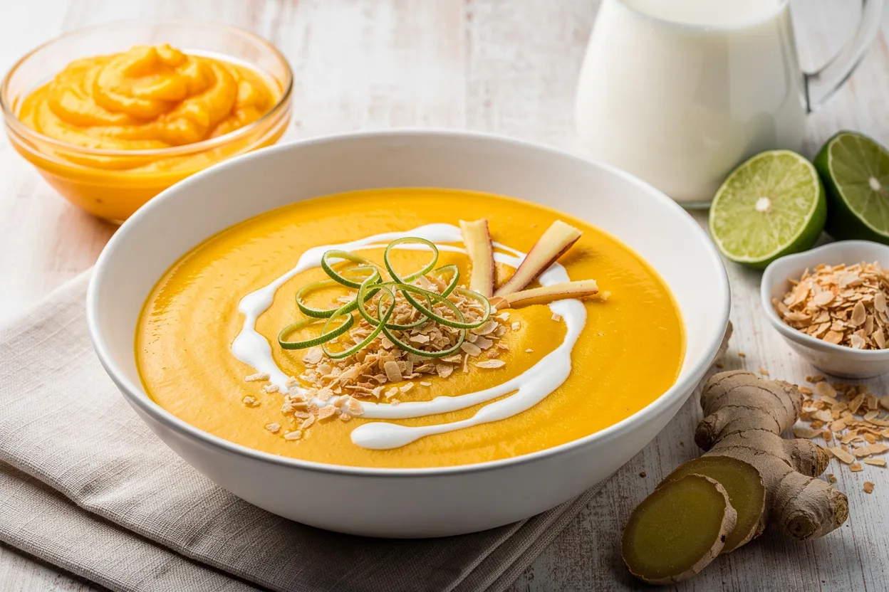 Chilled Mango Coconut Soup with Ginger and Lime Drizzle