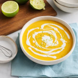 Kokoscreme wird über gekühlte Mango-Kokos-Suppe geträufelt