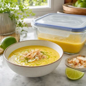 Fertige gekühlte Mango-Kokos-Suppe mit abgedeckten Resten daneben