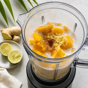 Mango, Kokosmilch, Limette, Ingwer, Honig, Salz und Pfeffer im Mixer