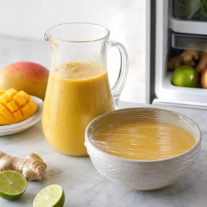 Mango-Kokos-Suppe in Krug und Schüssel zum Kühlen gefüllt