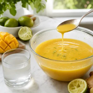 Mango-Kokos-Suppe wird mit zusätzlichem Kokoswasser verdünnt
