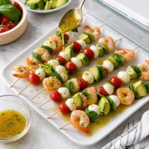 Assembled shrimp caprese avocado skewers drizzled with dressing on a platter