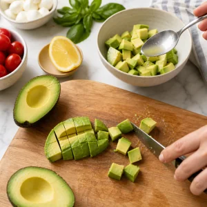 Avocado cubes tossed with lemon juice for chilled shrimp skewers