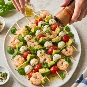 Chilled shrimp caprese avocado skewers finished with basil and black pepper